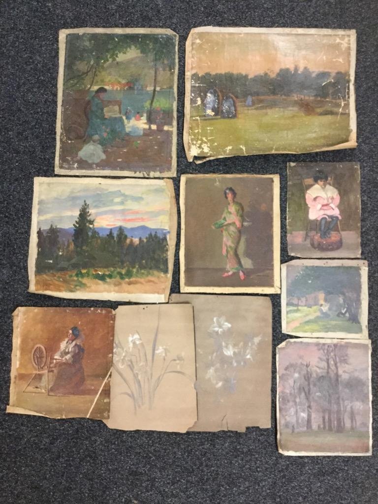 Edith M Mann. Lot of 10 pieces.: 8 Oil on canvas, 2 pencil and chalk on paper. Signed and unsigned. 9"h x 10"w - 23"h x 18"w. Figural and landscapes.