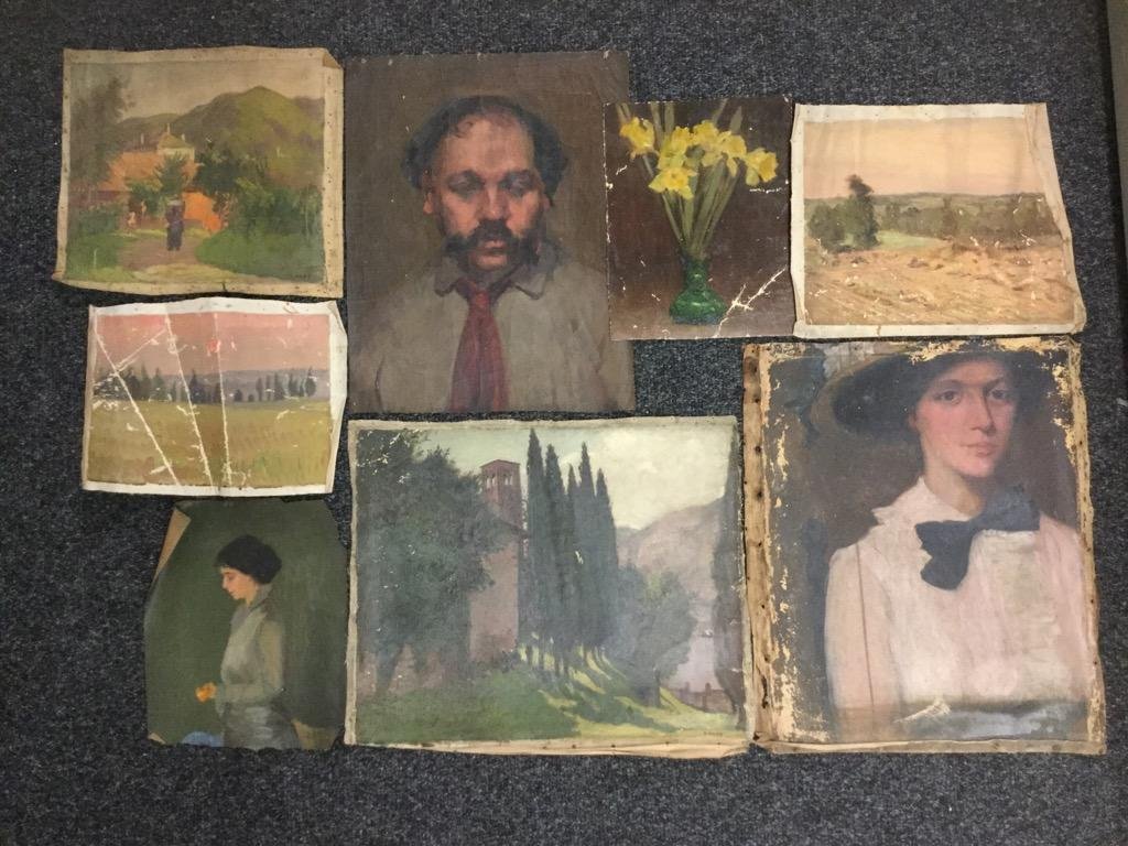 Edith M Mann. Lot of 8 pieces.: 8 oil on canvas. Signed and unsigned. 13 1/2"h x 11 1/2"w - 22"h x 17 1/4"w. Figural, still life and landscapes.