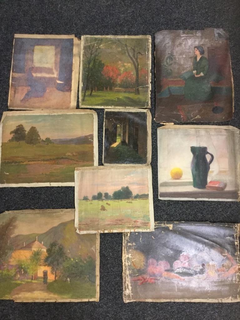 Edith M Mann. Lot of 9 pieces.: 9 oil on canvas. Signed and unsigned. 14"h x 11"w - 26"h x 20"w. Figural, still life and landscapes.