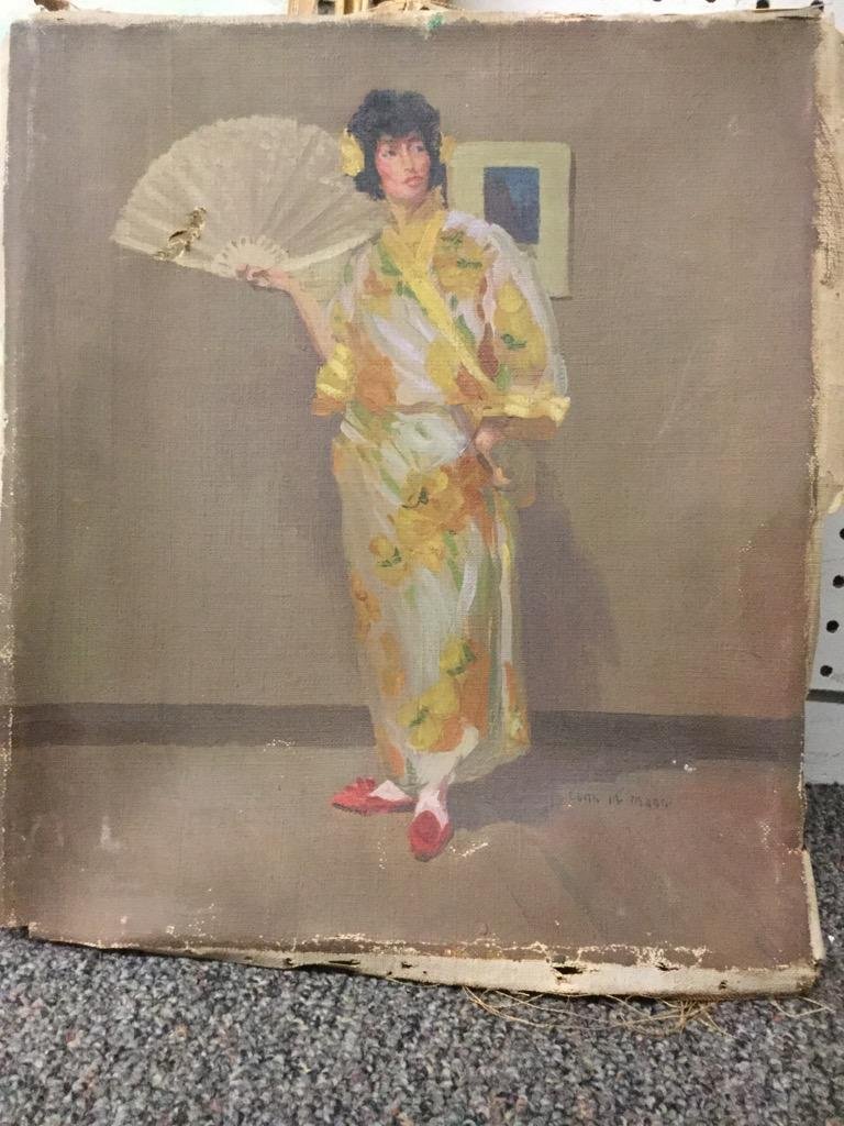 Edith M Mann. Woman with Fan.: Oil on canvas. SLR. 15"h x 13"w.