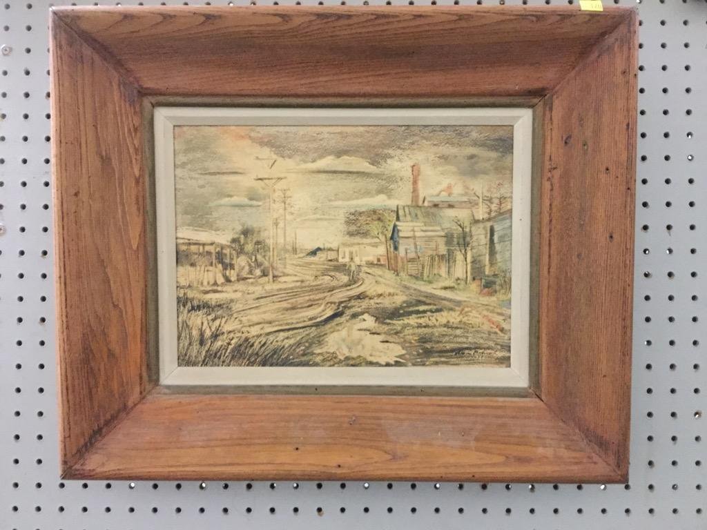 Aaron Bohrod. "Tracks, LaCrosse".: Pen and watercolor on board. SLR. 10"h x 14"w. Artist bio on reverse.