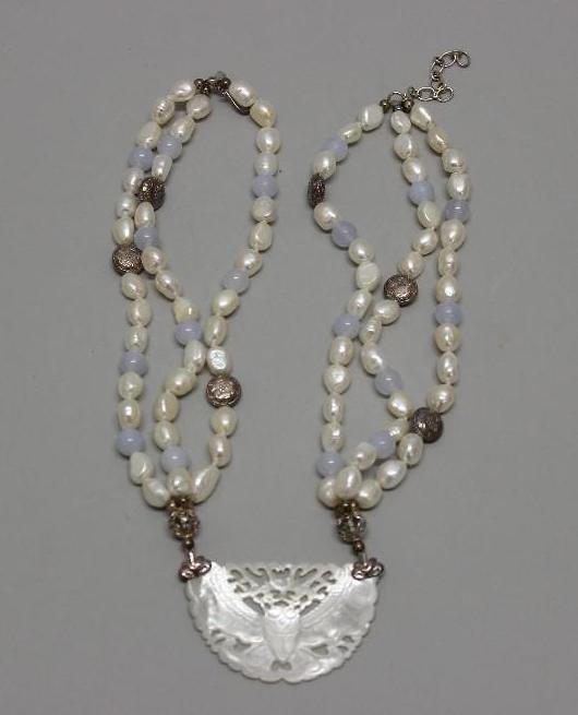 Necklace: Mother of Pearl, Chalcedony, Freshwater Pearl. Sterling. CHINA. 18-20" triple strand with carved centerpiece.