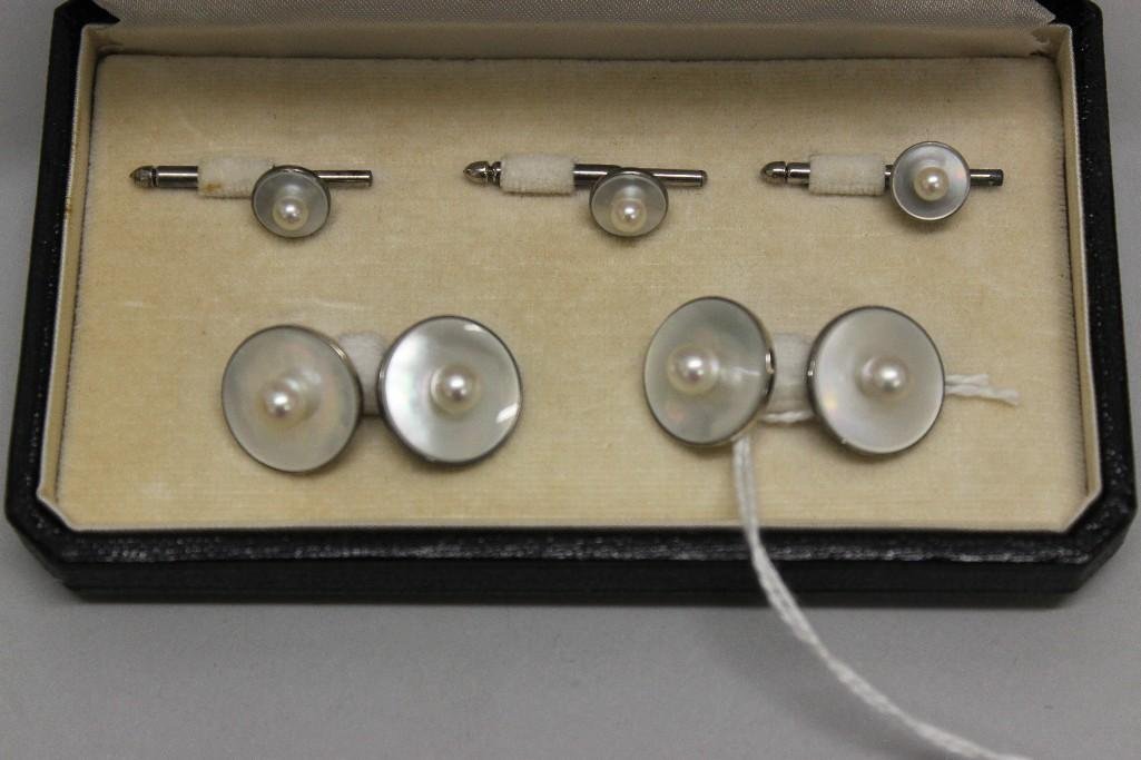 Cufflink and Stud Set: Mikimoto. Pearl and Mother of Pearl. Sterling. Boxed set.