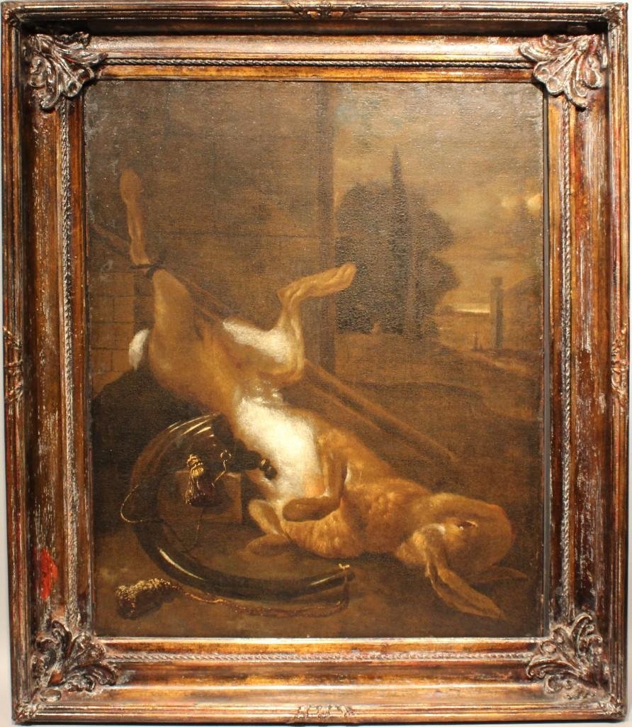 In the Style of Jan Fyt. (1611-1661, Flemish) Still: Oil on canvas laid on board. 31.25"h x 24.25"w.