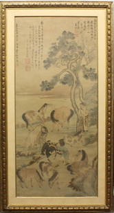 Chinese Painting after Zhao Mengfu: Painting on silk. 47"h x 21"w.