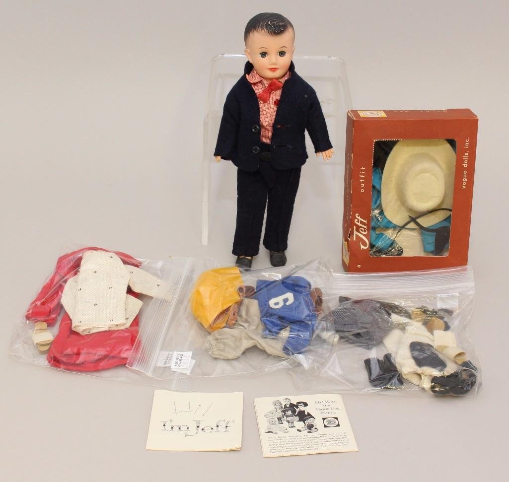 VOGUE FAMILY: 1957 JEFF DOLL WITH CLOTHING.: This is an original owner doll. 10" Jeff doll with sleep eyes, painted black hair. (1) Original clothing box #6333 with Cowboy outfit (may not be original to box). (3) Additional bagged outfits w