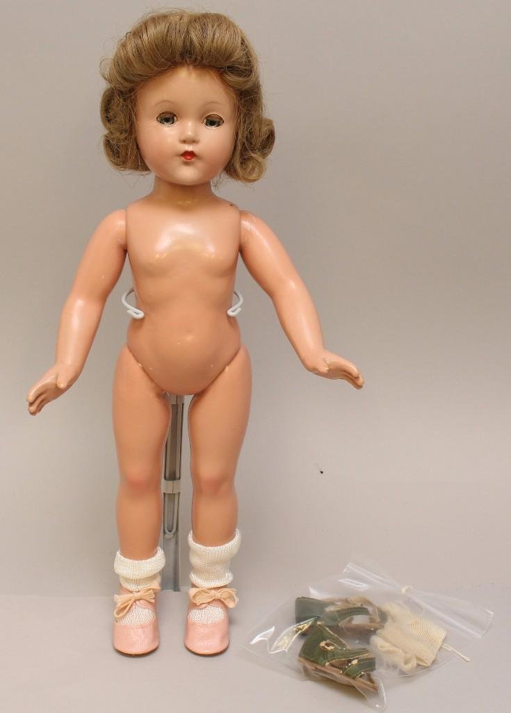 18" EFFANBEE COMPOSITION "LITTLE LADY" STYLE DOLL.: This is an original owner doll. Blue sleep eyes, dark honey blonde human hair wig. No original clothing. Original sandals, socks. Additional pair of vintage pink oilcloth shoes, socks. Condition: craz