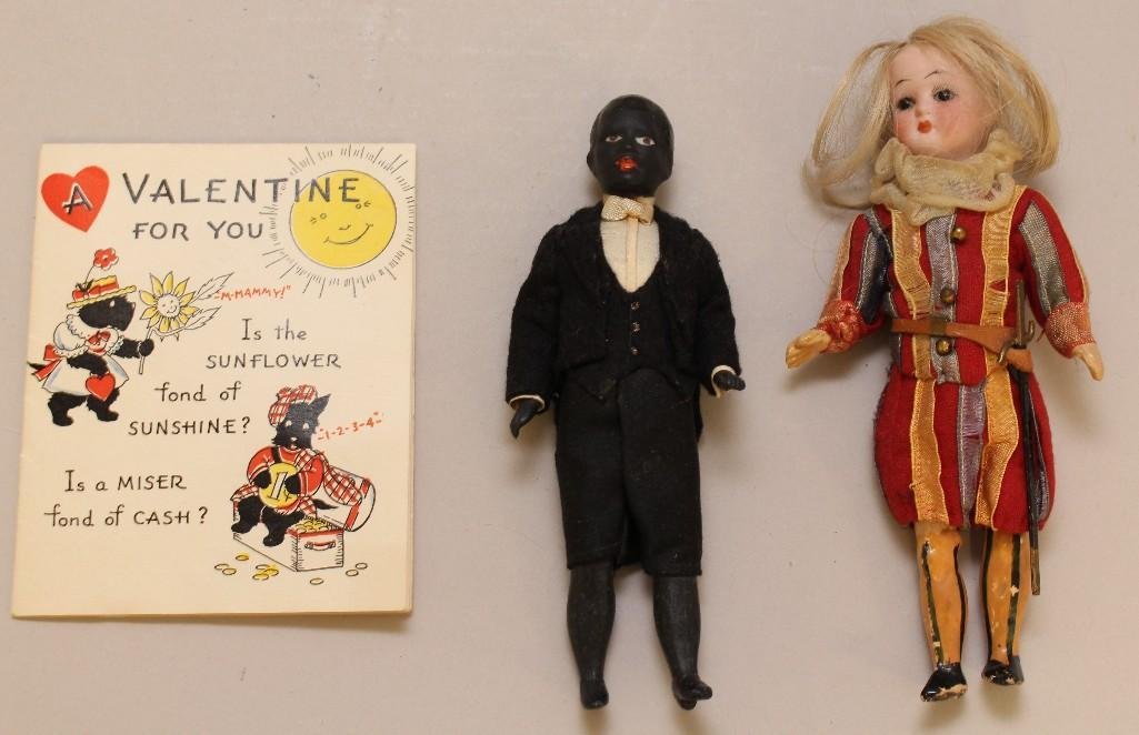 PAIR OF ANTIQUE BISQUE HEAD DOLLS, 6", 6 1/2". (1 of 3)