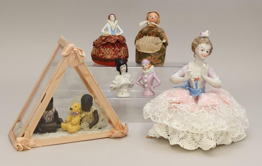 LOT: (4) CHINA HALF DOLLS, PIN CUSHION, GLASS BOX & (2) (1 of 6)