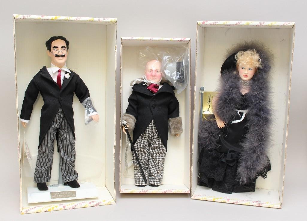 LOT OF (3)1980's EFFANBEE VINYL MOVIE STAR CHARACTER: These are from the Fifth of Effanbee's Legend Series. 1980 W. C. Fields. 1982 Mae West. 1983 Groucho Marx with 1983 Limited Edition stand. Condition: nothing observed on dolls. Cellophane on boxes hav