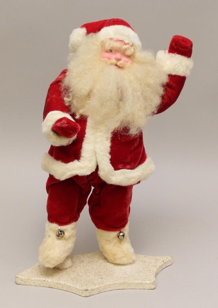VINTAGE SANTA.: 16" 1950's(?) Santa with papier mache face, long white curly mohair beard, eyebrows, mustache. Dressed in red velvet suit with white faux fur trim, including boots. White plastic belt. He is stan