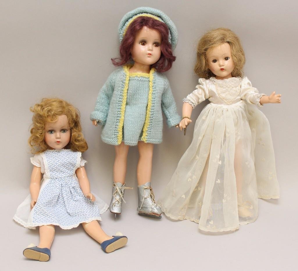 LOT OF (3) 14" COMPOSITION DOLLS: EFFANBEE & R&B.: All of the dolls have their original wigs, closed mouths. Doll 1) - R & B with blue tin sleep eyes, honey blonde mohair wig. Dressed in replaced vintage clothing and shoes. Doll 2) - with brown ti