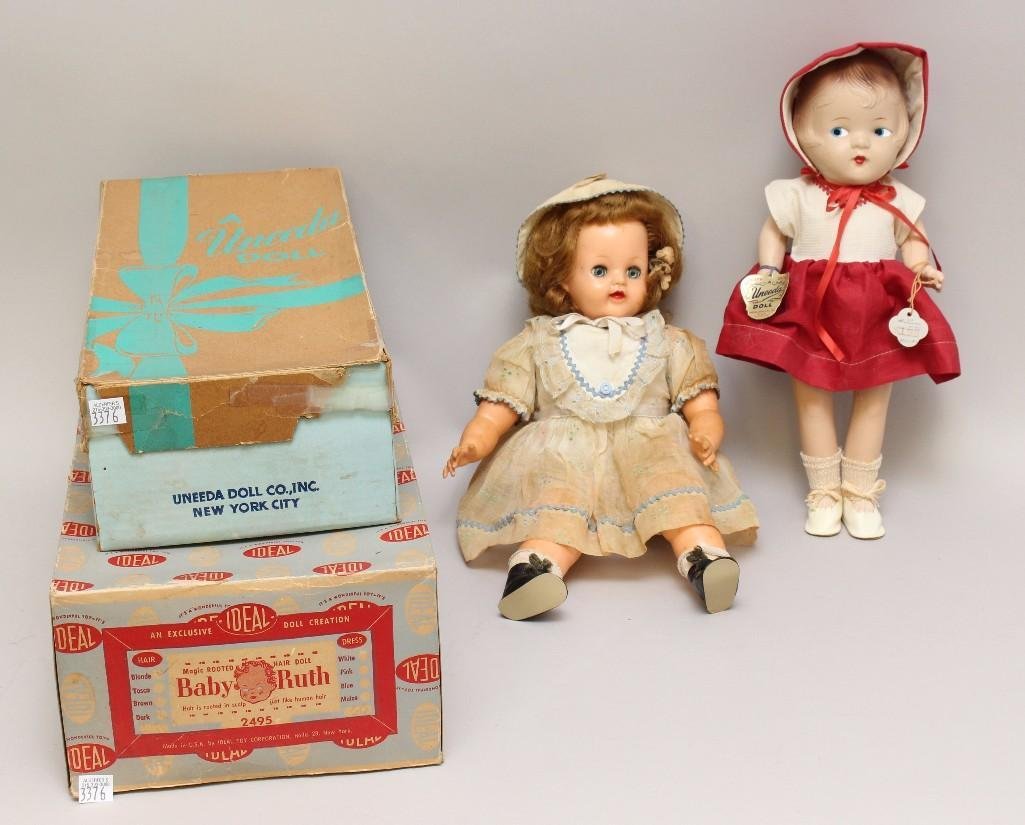 PAIR OF DOLLS IN ORIGINAL BOXES: VINYL "BABY RUTH" &: 15" 1950's "Baby Ruth" doll with vinyl head and lower limbs. Pink oilcloth body. Sleep eyes, honey blonde hair. All original cotton clothing, newer shoes/socks. Box end reads: Ideal Bab