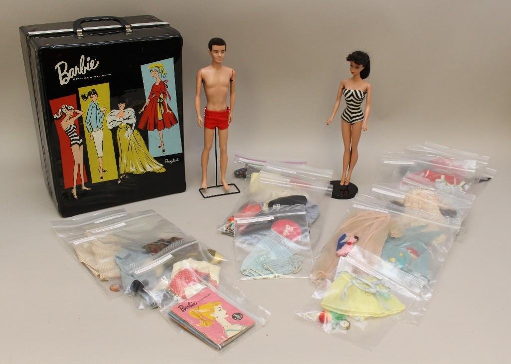 BARBIE FAMILY -1960 #4 "BARBIE" DOLL, #1 "KEN" DOLL,: This is an original owner lot of dolls/clothing/case. Barbie - brunette ponytail, blue irises, curved eyebrows, flesh-toned body. Wearing her black/white striped bathing suit. Earrings were removed an