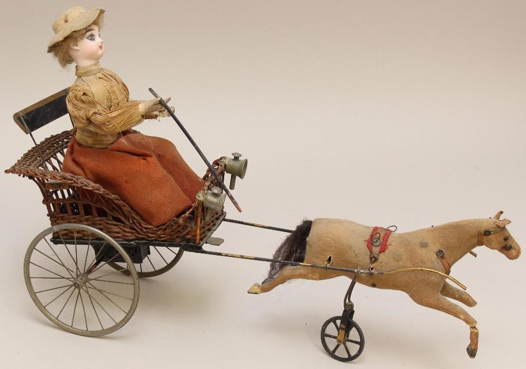 16" L. FRENCH ANTIQUE BISQUE HEAD LADY DOLL IN HORSE (1 of 6)