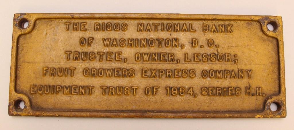Fruit Growers Express Company Trust Plate: dated 1964, from The Riggs National Bank Trust, cast iron, 12.5"w.
