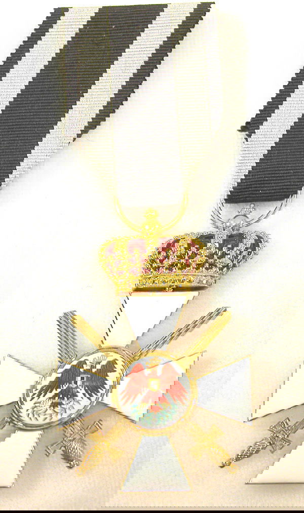 Prussian Red Eagle Order-3rd Class w/Crown & Swords.: Red Eagle Order for the 3rd Class Knight with crown and swords in gold. Bottom arm of cross presents letter "W" indicating manufacture by court jeweler Wagner (c.1890-1905). Enamel is perfect with rig