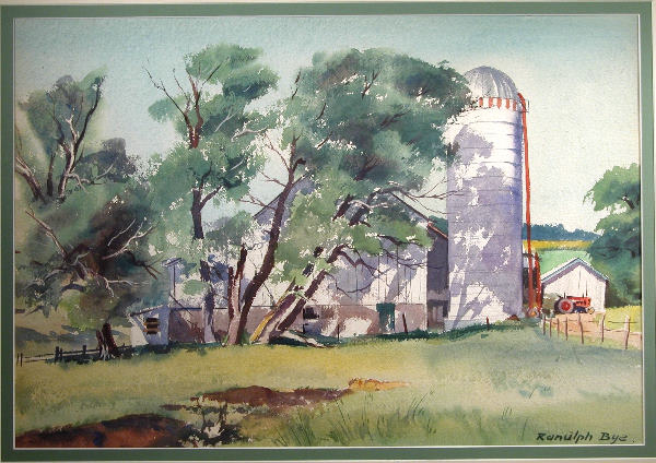 Ranulph Bye.: Depiction of a barn and silo, watercolor, 14 1/4" x 20 1/2" sight, SLR, "Ranulph Bye". Artist: b. 1916, Pennsylvania.