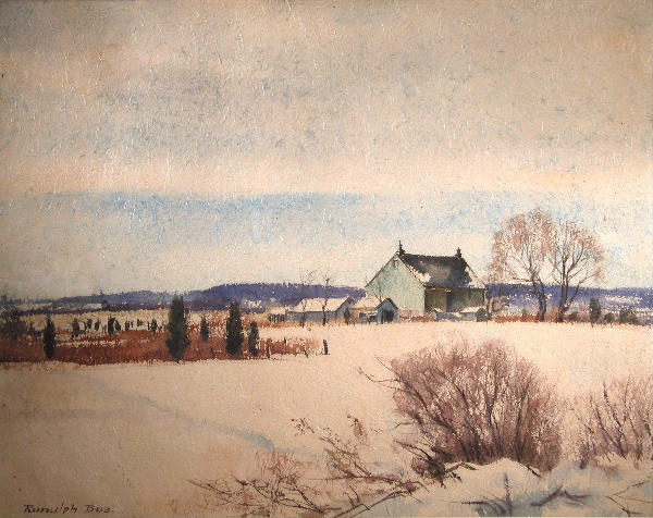 Ranulph Bye.: Titled, "Bucks County Blues", watercolor on rice paper, 18 3/4" x 23 3/4" sight, SLL, "Ranulph Bye". Artist: b. 1916, Pennsylvania.