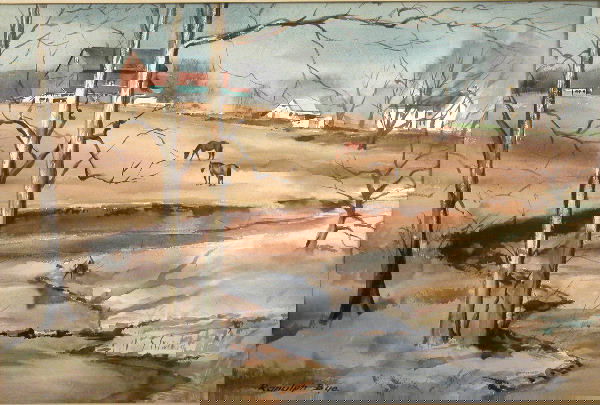 Ranulph Bye.: Titled, "Twin Sycamores", watercolor, 14" x 20 1/2" sight, SLL, "Ranulph Bye". Artist: b. 1916, Pennsylvania.