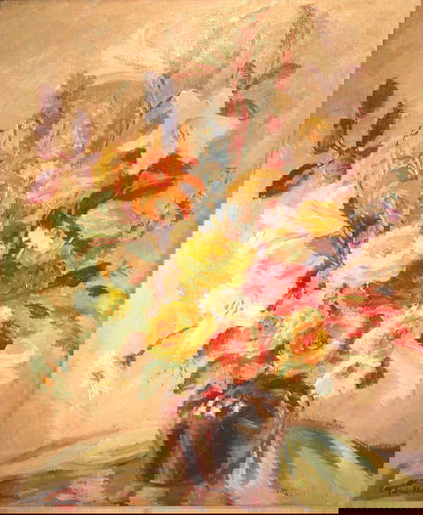 Pearl Van Sciver.: Colorful floral still life, oil on canvas, 30" x 25", SLL, "Pearl Van Sciver". Artist: b. 1896, Pennsylvania.