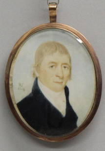 Miniature Portrait of Moses Savery, by Robert Field (17: Robert Field 1769-1819) Painting on ivory. Signed "R.F 1808" on left side. Housed in oval metal frame, monogrammed "M.S." on reverse. 2.5"h x 2"w.