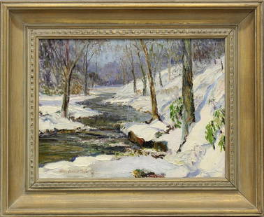 William Francis Taylor (1883-1970, Pennsylvania) Winter: Oil on canvas. Signed "William Francis Taylor" in lower left. 12.25"h x 16.25"w