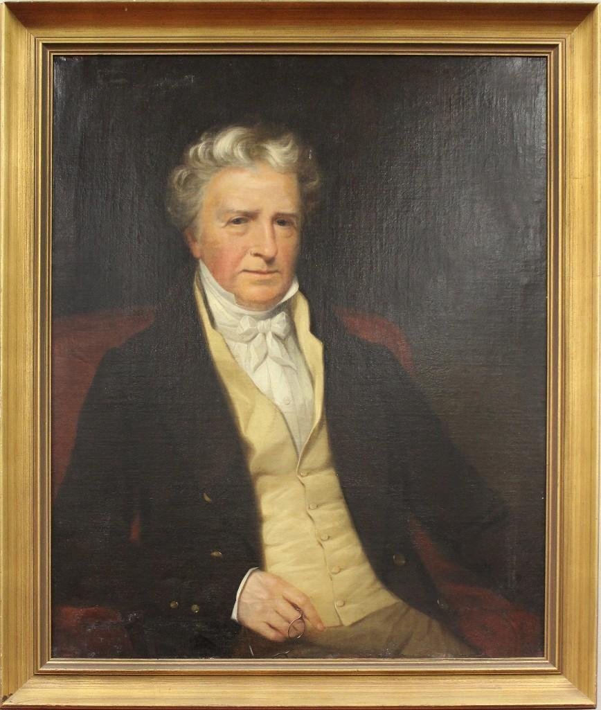 19th c. Portrait of a Gentleman: Oil on canvas. Gentleman wearing a dark coat and yellow vest. 34.75"h x 27.75"w