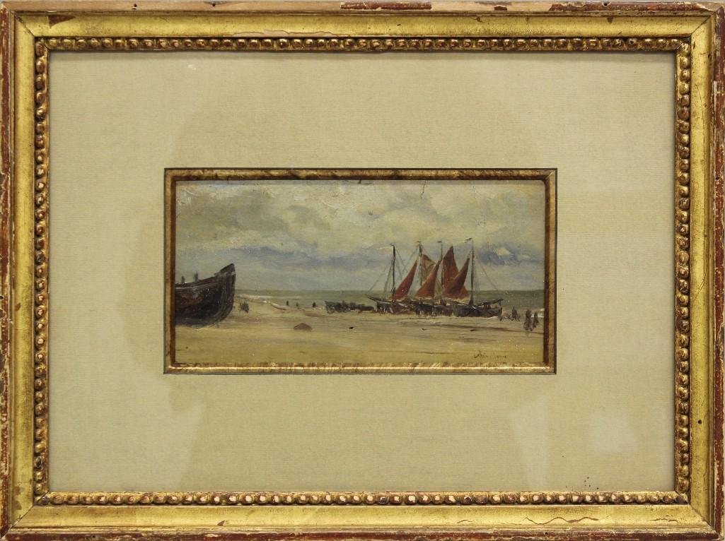 John Berney Crome (1794-1842, United Kingdom) Fishing: Oil on board. Signed "John Crome" in lower right. 4"h x 7.5"w