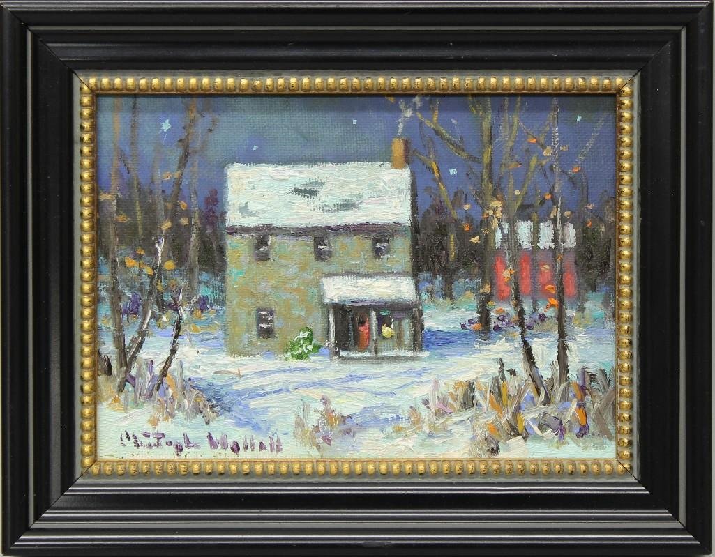 Christopher Willett (b.1958, Pennsylvania) "Ed Fells: Oil on board. Signed "Christopher Willett" in lower left. Signed and titled on reverse. Snowy night scene of homestead with red barn. 5"h x 7"w.
