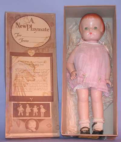 Vintage F&B Doll - 19" Compo Patsy Ann ©: Lot. Effanbee "Patsy-Ann" ©. Crazing, crack at corner of left eye. Paint flaking in shoulder area of both arms. Molded red hair, green sleep eyes have good color, (1) is cracked. Doll is loose and ne