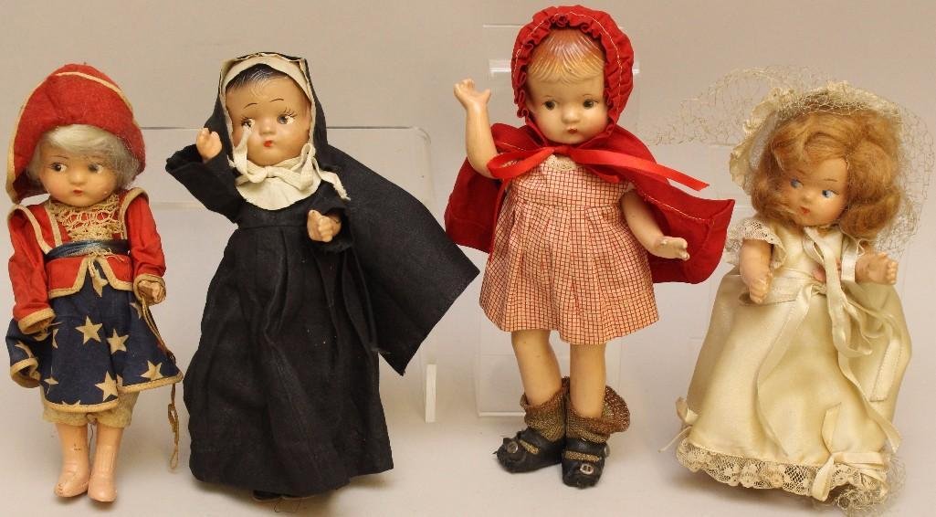 LOT OF (4) COMPOSITION DOLLS: PATSYETTE, TODDLES,: 9" Effanbee "Patsyette" with original or clothing of the period. Condition: original shoes are missing their soles. 7 1/2" Vogue "Toddles" bride doll wearing a tagged out