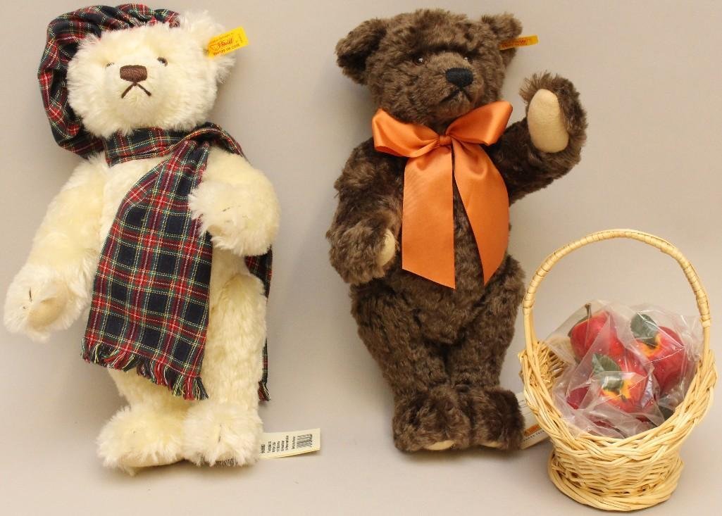 PAIR OF MINT 13" STEIFF MOHAIR TEDDYBARS: AUTUMN &: Autumn - Teddybar 35 Brown #665677. It has a basket of apples with it. Winter - Teddybar 35 White #665660 is dressed with plaid scarf and tam.
