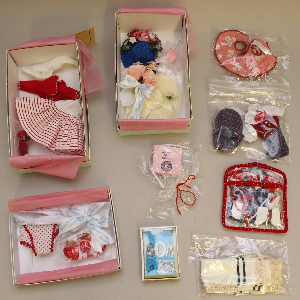 LOT OF MINT/MIB OUTFITS & ACCESSORIES FOR 8" MADAME: Tagged "Skate w/Wendy" (2 hats). "Funny Maggie". MIB "March Winds " 2002 Premiere Travel Doll Event. MIB "Sun Suit Travel Doll". MIB (2) decoated hats from &quo