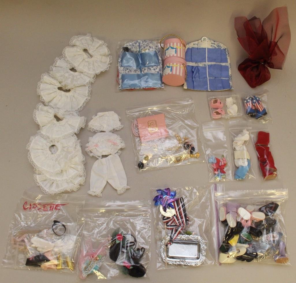 LOT OF MINT MADAME ALEXANDER ACCESSORIES MADE FOR 8" &: 8" - (7) Lace trimmed tafetta petticoats. (2) Lace trimmed tafetta panties, (1) lace trimmed cotton pantaloons. (1) Shoe bag, (1) shoe bag kit w/shoes that needs completion. (3) Prs. boots. (18)