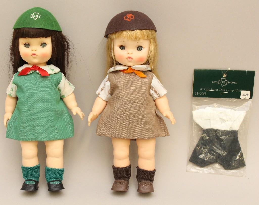 PAIR OF 11" ALL ORIGINAL EFFANBEE "FLUFFY" GIRL SCOUT &: All original vinyl dolls. Condition: nothing observed. Also, MIP 8" Girl Scout Doll Camp Uniform 11-969. Original price $1.75.