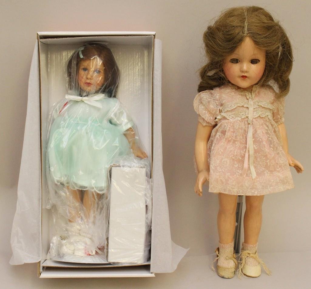 PAIR OF EFFANBEE DOLLS: COMPOSITION 14" "LITTLE LADY": 14" Little Lady style doll with brown eyes, brown hair. Clothing appears original. Oilcloth shoes do not match each other. Condition: crazing. Doll needs restringing. 12" MIB NRFB doll from