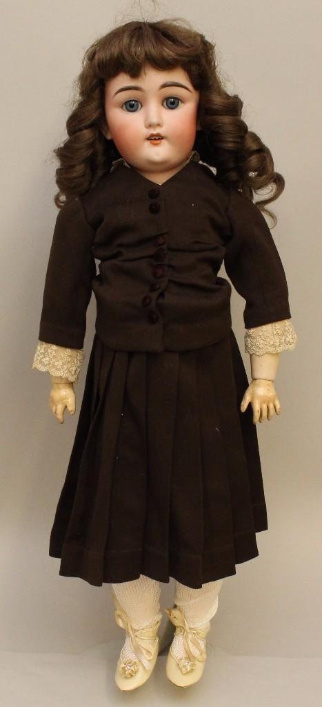24" "101" 10 1/2 MY SWEETHEART" B J & CO. ANTIQUE: Blue sleep eyes, open mouth, replaced wig. Papier mache ball jointed body. Dressed in antique brown gabardine 2 pc. outfit. No underwear. Newer shoes, socks. Condition: nothing observed on bisque. Nic