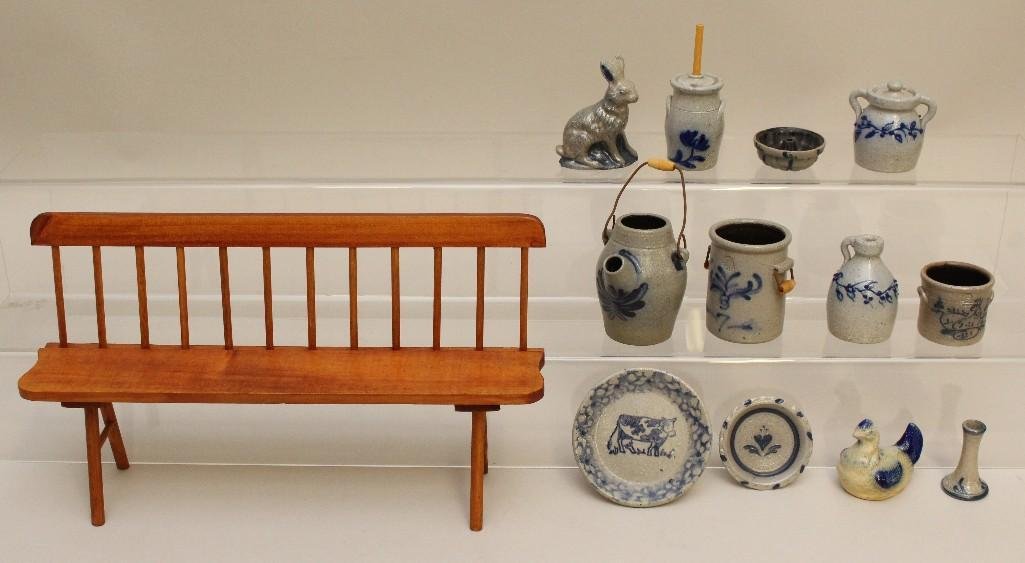 LOT OF SMALL SCALE SALT GLAZE POTTERY; WOODEN DEACON'S (1 of 2)