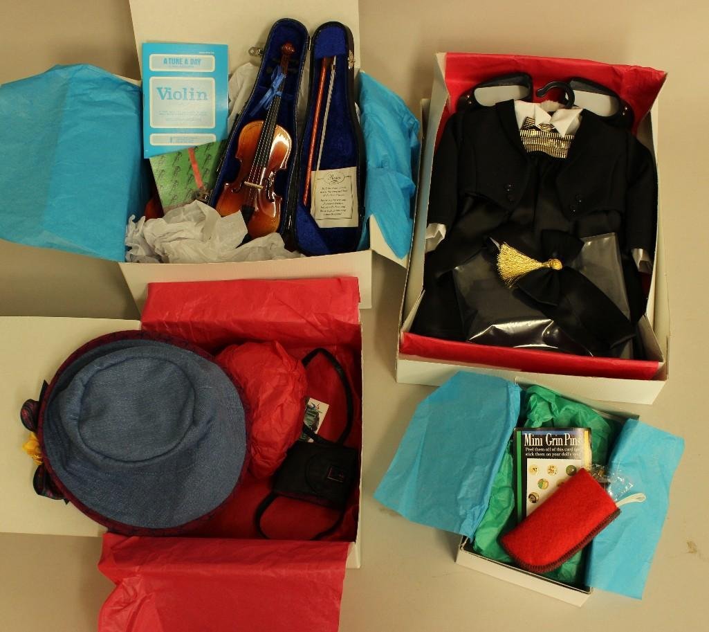 AMERICAN GIRL - MIB (4) OUTFITS/ACCESSORIES FOR: (1995-1996) Denim Hat & Accessories for GT2 doll; Glasses; Recital Outfit; Violin & Music Stand;. (4) Original box bands.