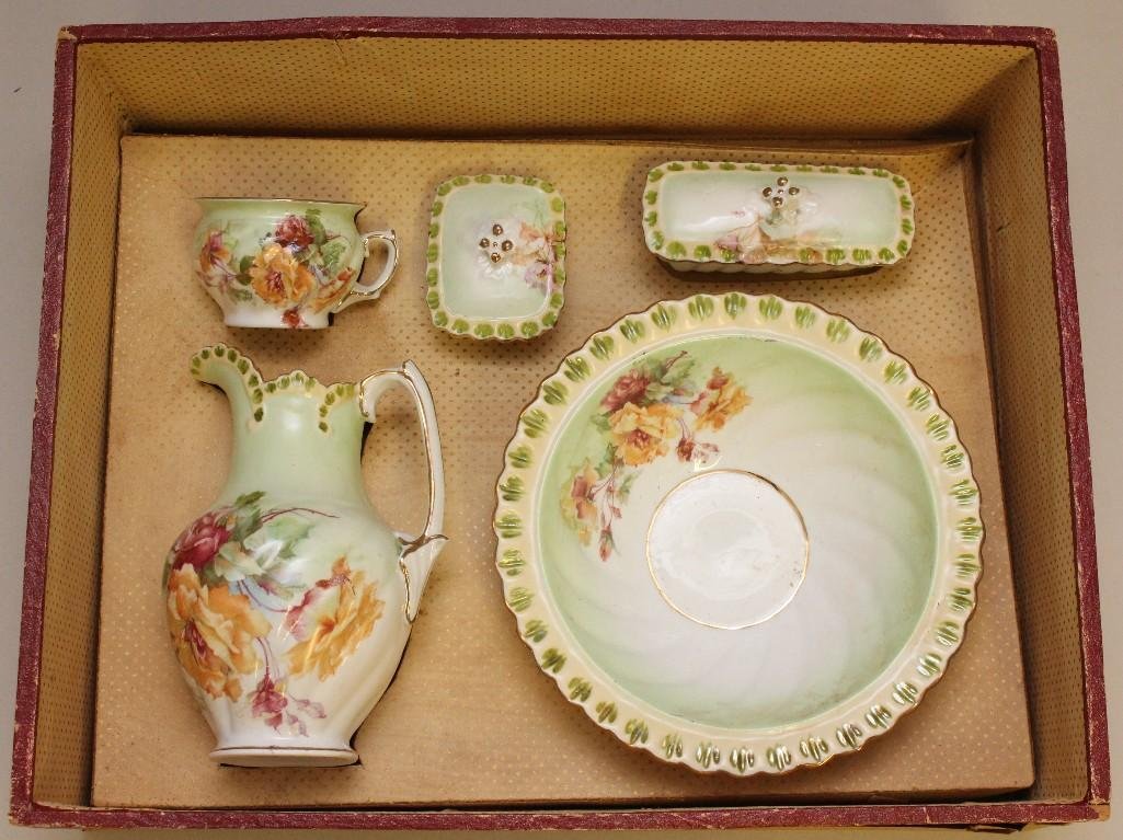 CHILD'S ANTIQUE  TOY CHINA WASH BOWL SET IN ORIGINAL (1 of 2)