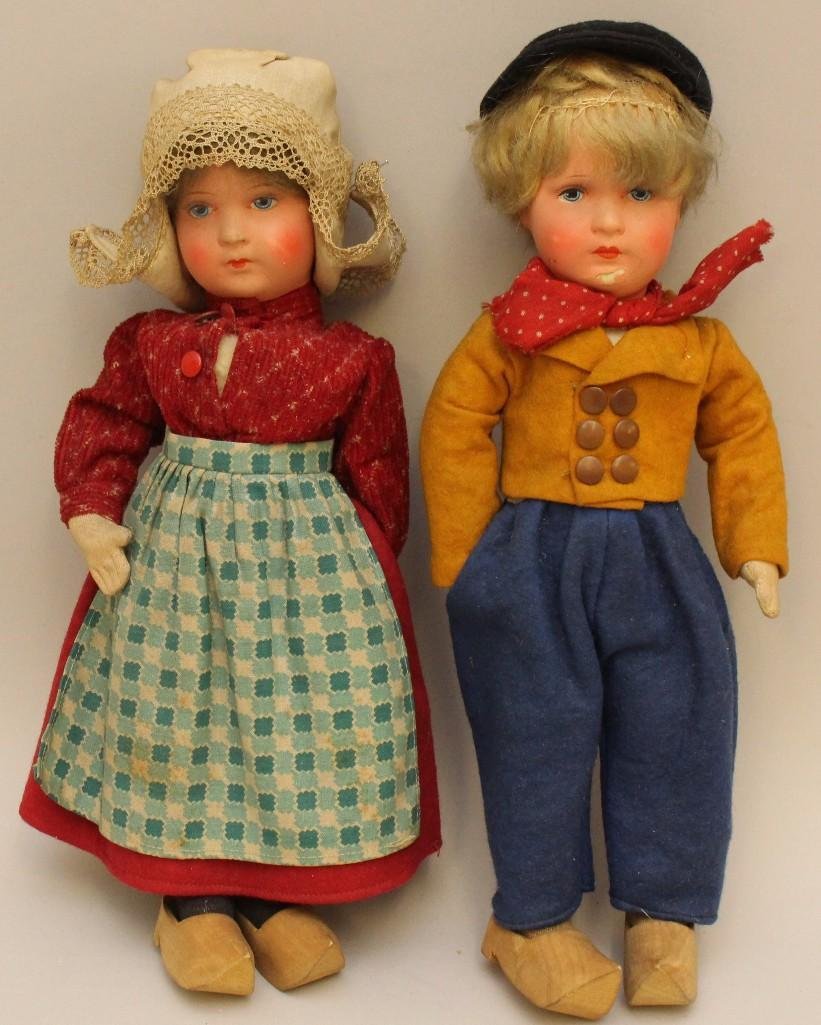 PAIR OF 12" ALL ORIGINAL PAPIER MACHE DUTCH DOLLS. (1 of 3)