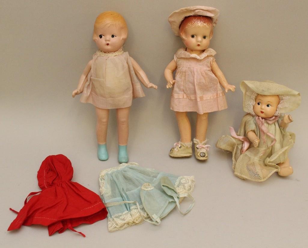 LOT OF (3) COMPOSITION DOLLS: F&B PATSYETTE, PATSYETTE: 10" Effanbee Patsyette - dressed in what appears to be original clothing and shoes. Condition: crazing. Paint loss on face and especially back of head area. 9 1/2" Unmarked Patsyette type -