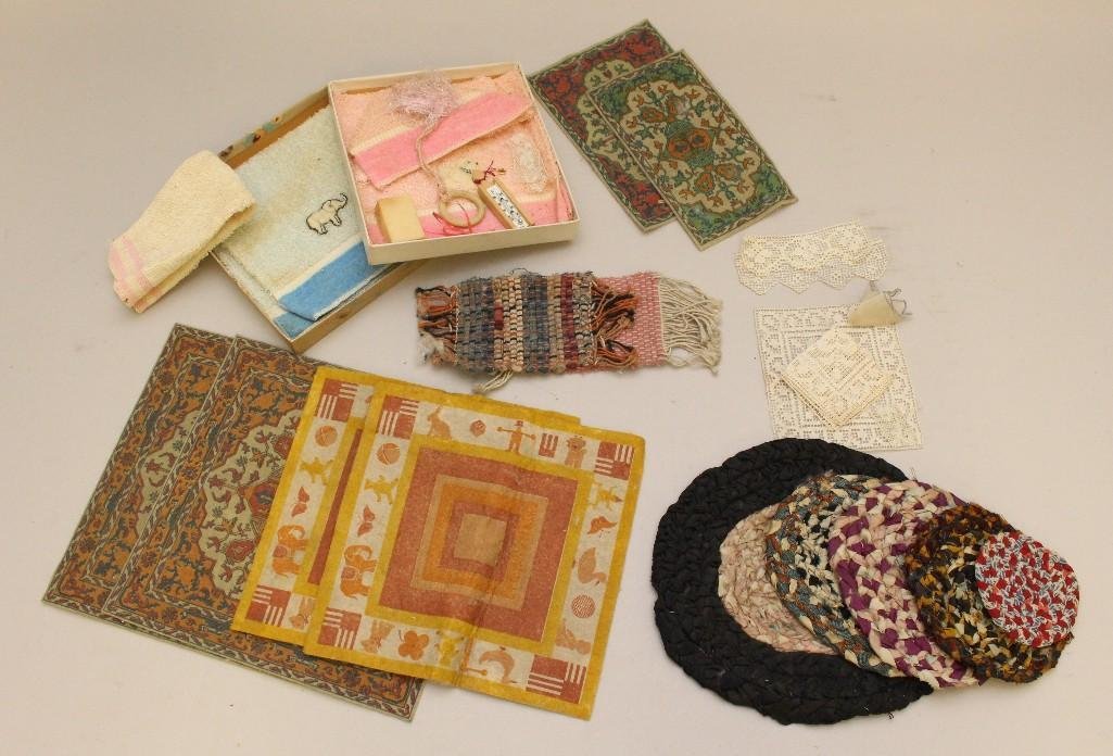 LOT OF 1930's DOLL HOUSE TEXTILES, RUGS, ACCESSORIES. (1 of 1)