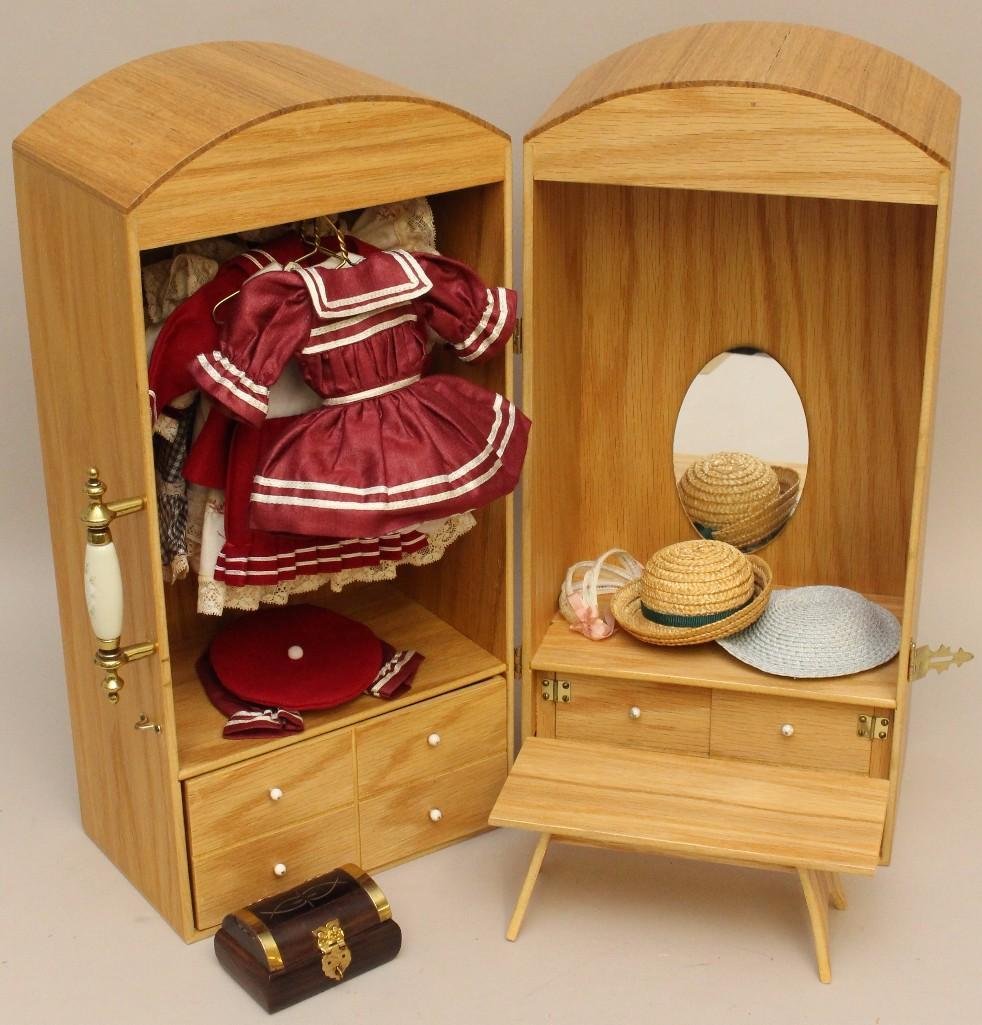LOT: NEW MINT WOODEN DOLL TRUNK AND WARDROBE FOR (1 of 7)