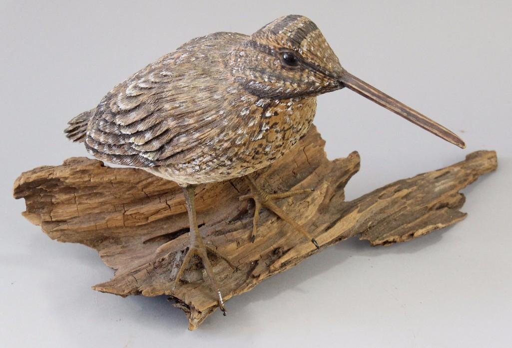 Woodcock: Carving on wood base, 11" long and 8" tall. Bottom is marked Gilly 6-96 and #1, 96