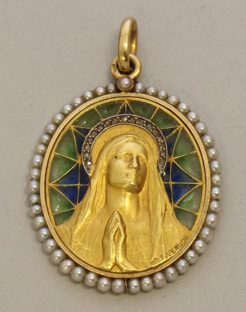 Gold Pendant with Plique-a-Jour, Seed Pearls and (1 of 2)