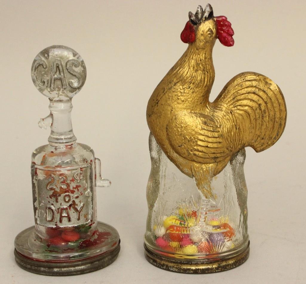 Lot of 2 Glass Candy Containers, Gas Pump and Rooster (1 of 6)