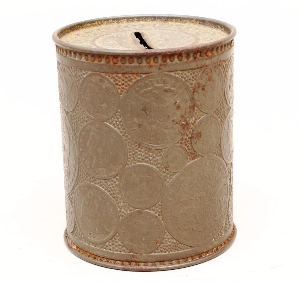 Still Bank Tin Can: 3 1/4" tall x 2 3/4" wide. Late 19th century coin pattern throughout.