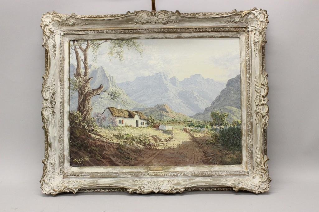 Reginald A. Grattan, (20th Century) "Near Capetown",: Oil on canvas. Signature lower left. Loss to frame. 18 1/4" h x 24 1/4" w. 